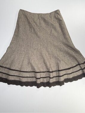 Talbots A Line Skirt Brown Tweed Lace Trim Women Size 14 Boho Cottagecore